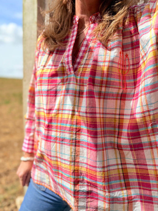 Chemise à carreaux femme rose 100% coton col V