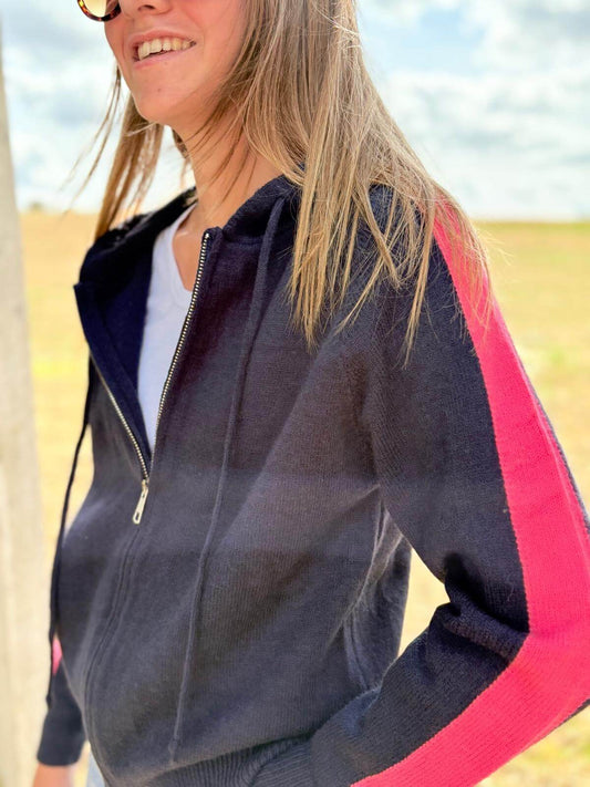 Gilet à capuche zippé femme marine avec bande rose