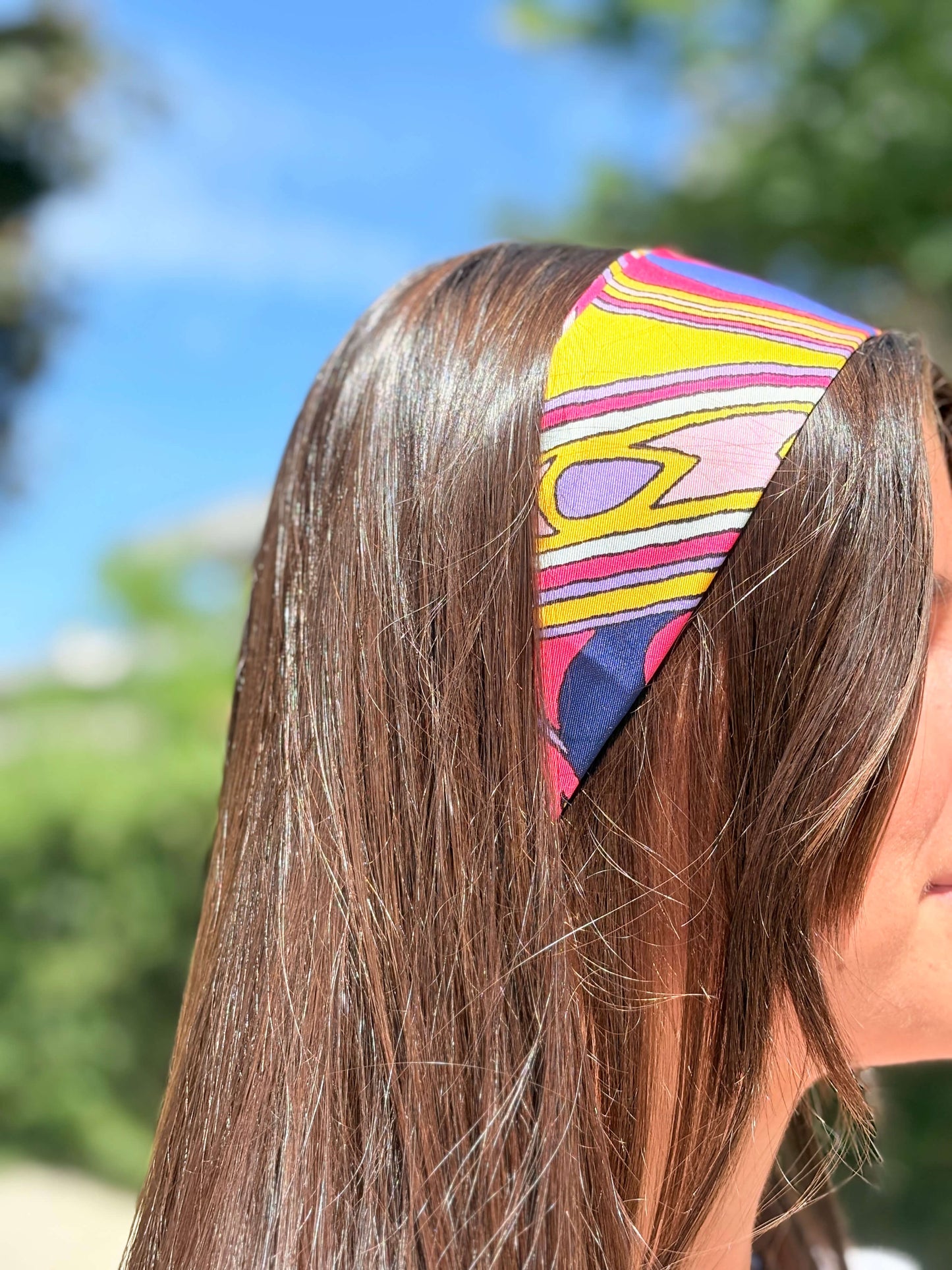 Foulard fuchsia rose et jaune bandeau cheveux