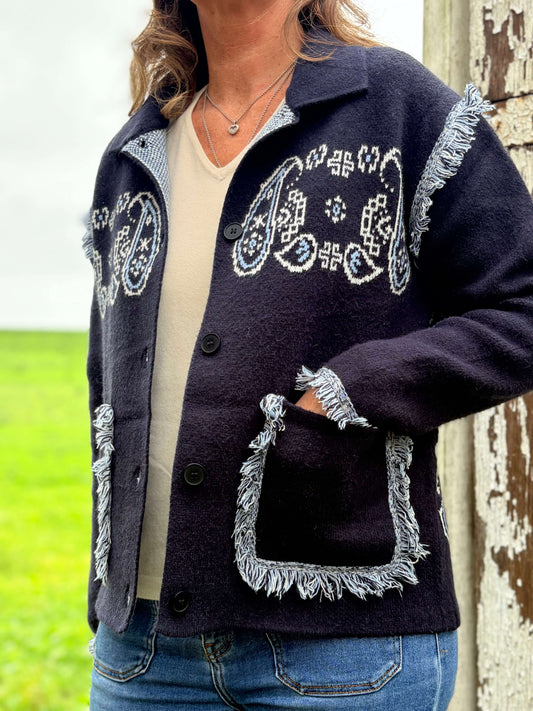 Veste femme bleu marine cachemire motif bandana