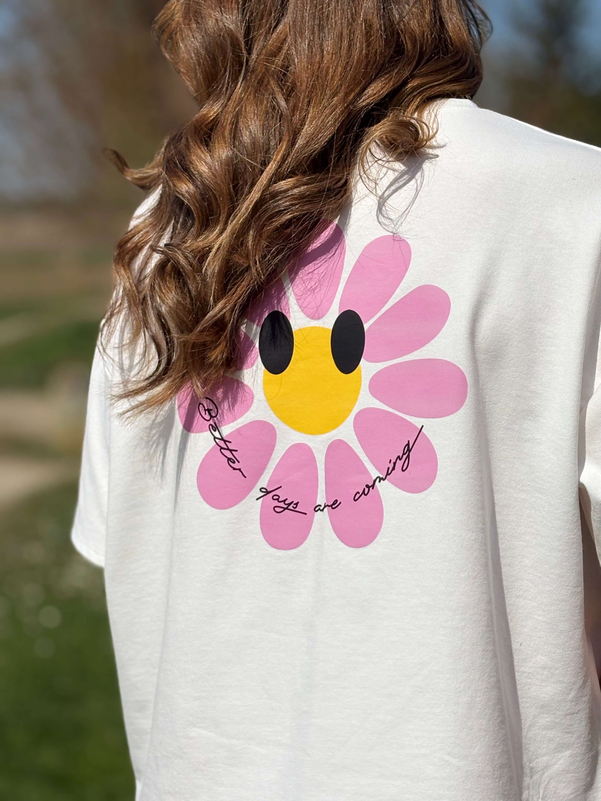 T-shirt oversize blanc femme en coton fleur rose