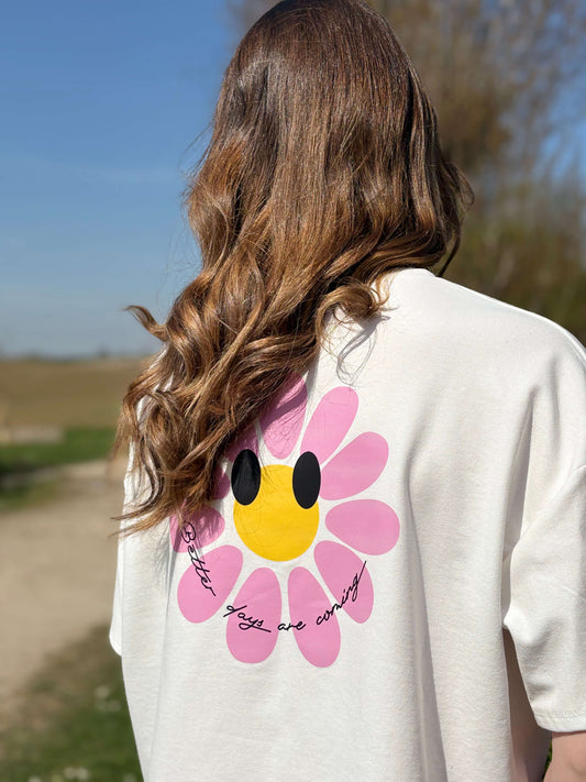 T-shirt blanc avec fleur smiley imprimée