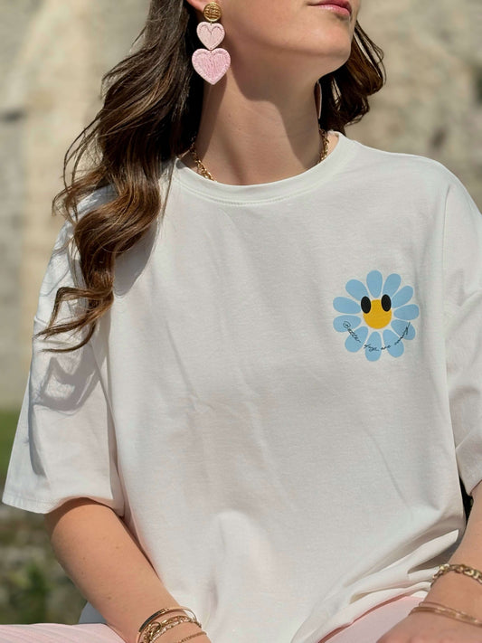T-shirt blanc motif fleur bleue smiley