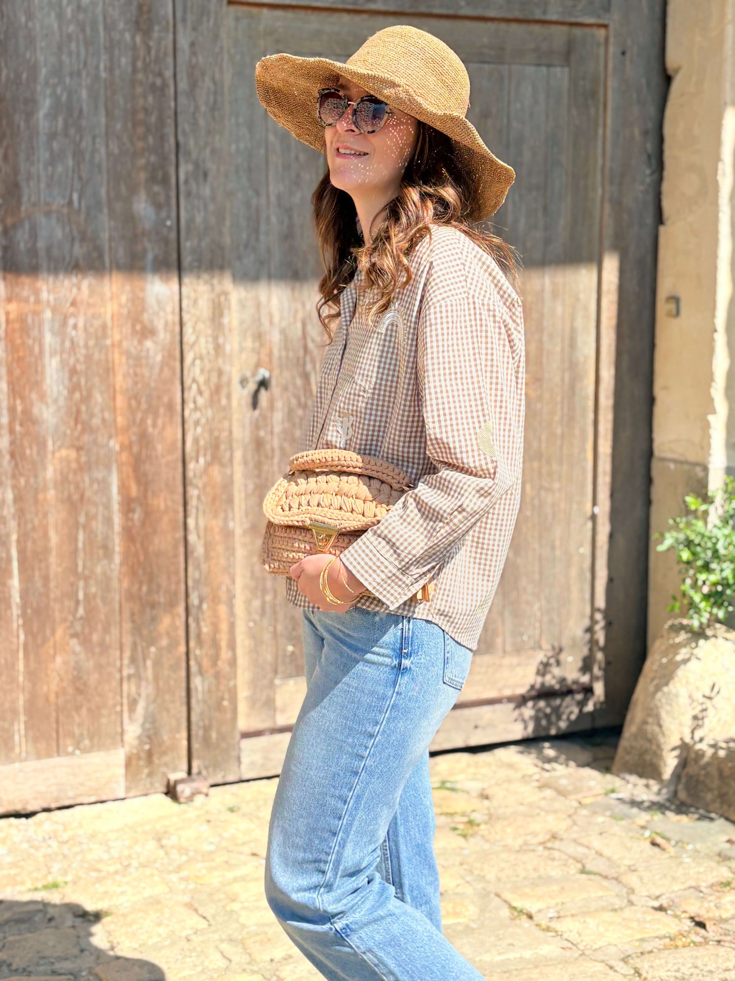 Chemise manches longues vichy marron et blanche femme