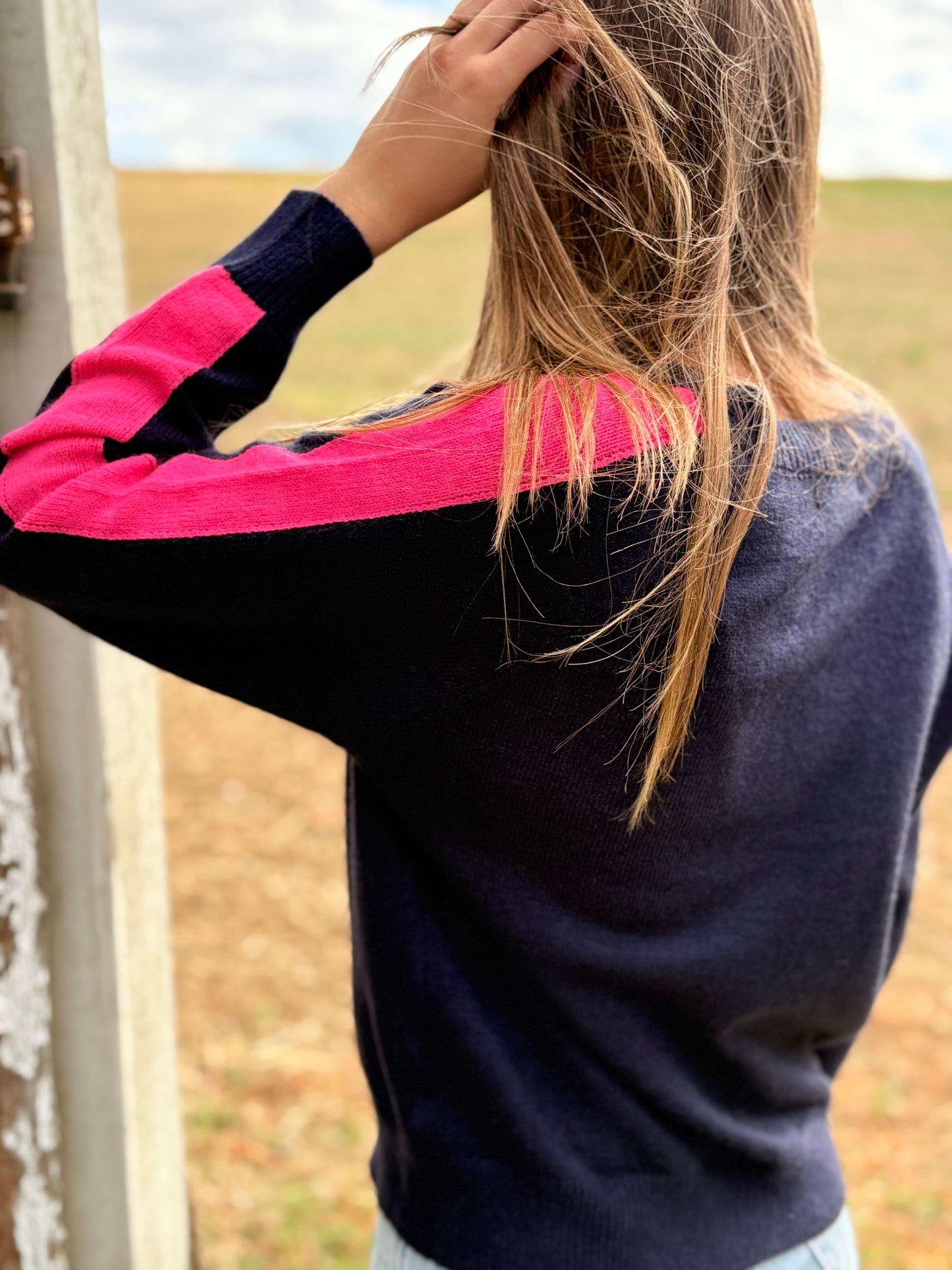Pull sport chic femme bleu marine et rose