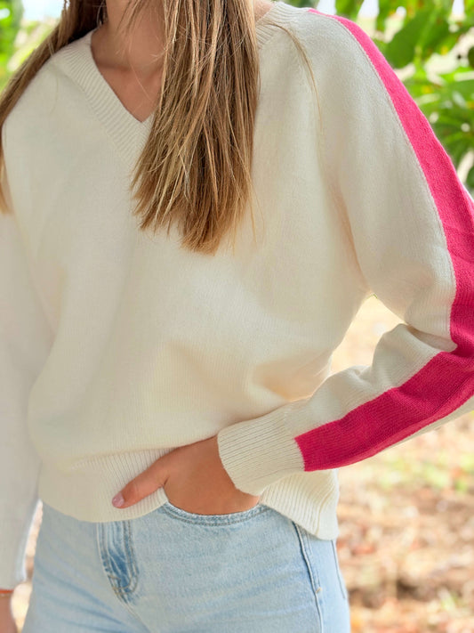 Pull écru col tout doux bandes roses
