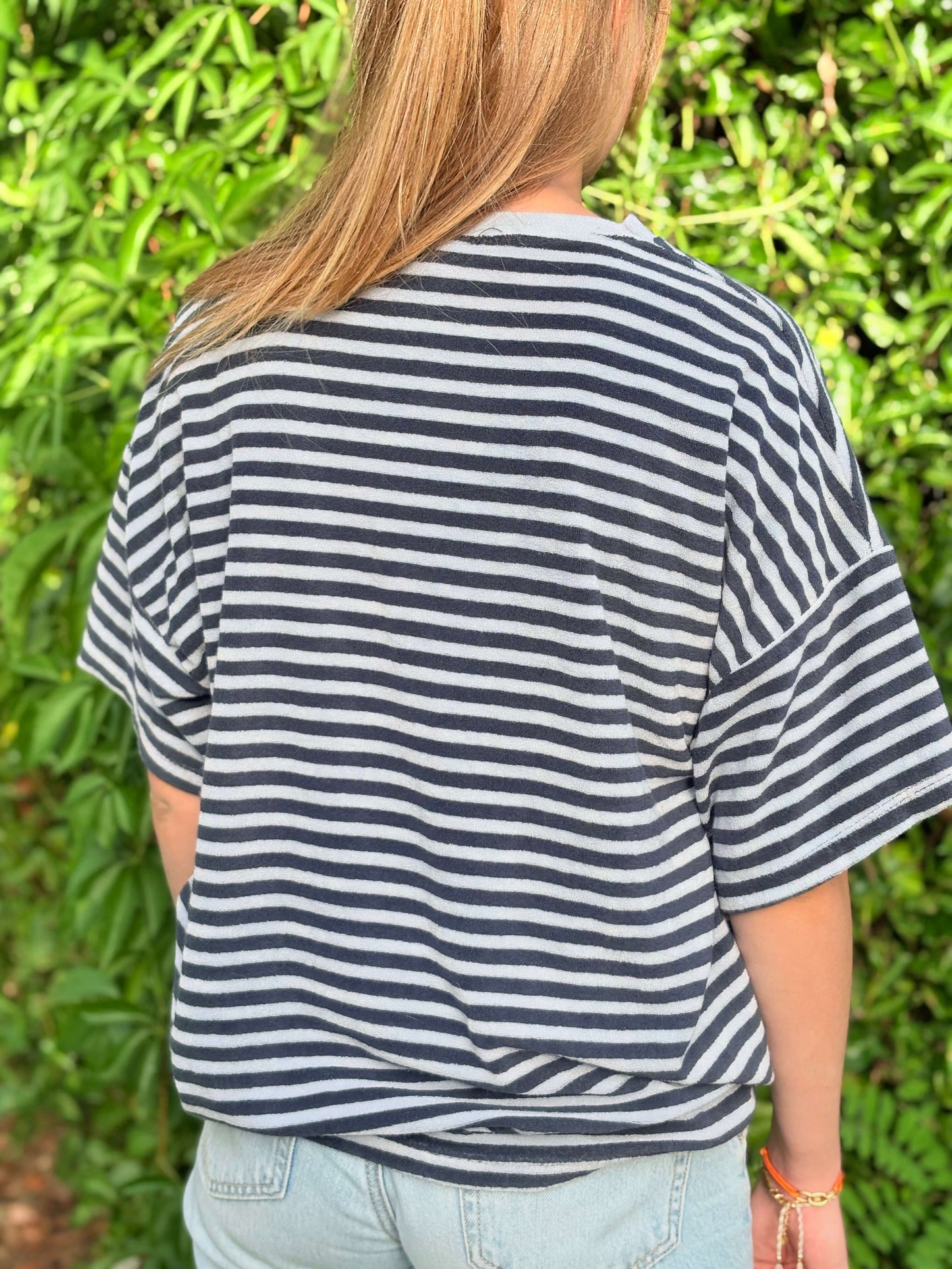 T-shirt femme éponge tendance rayé bleu marine
