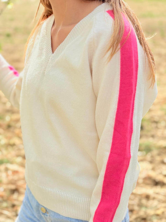Pull femme blanc avec bande rose sur la manche