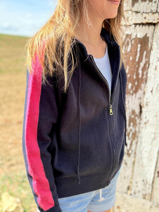 Gilet à capuche zippé femme marine avec bande rose côté