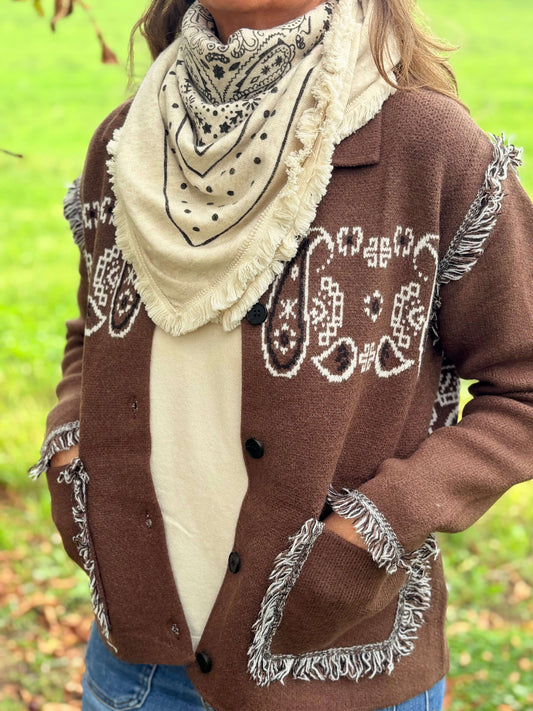 Veste femme marron cachemire avec détails frangés
