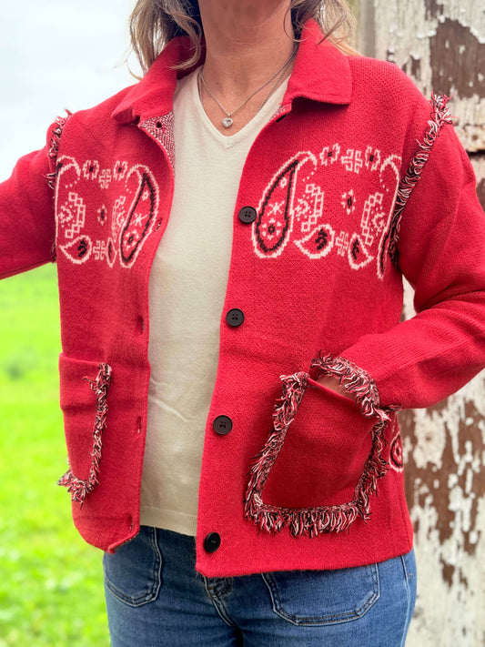 Veste femme rouge cachemire avec détails frangés