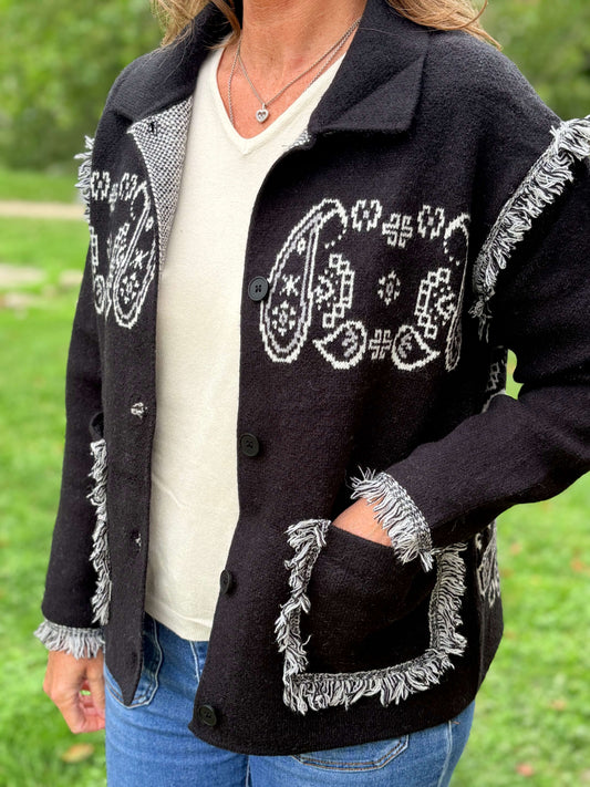 Veste noire femme motif bandana avec franges