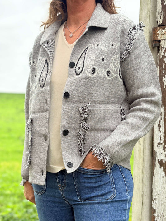 Veste motif bandana grise pour femme cachemire