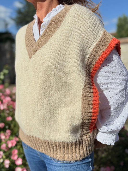 Pull sans manches beige et orange pour femme