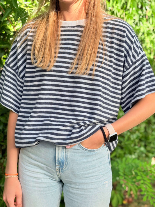 T-shirt éponge rayé bleu marine