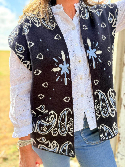 Veste bohème chic sans manches femme coton doux bleu marine