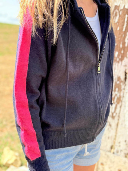 Gilet à capuche zippé femme marine avec bande rose