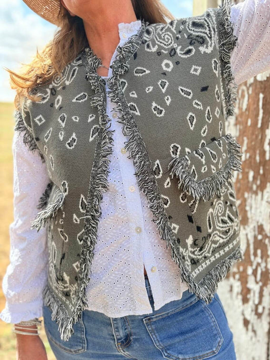 Veste femme sans manches motif bandana avec franges