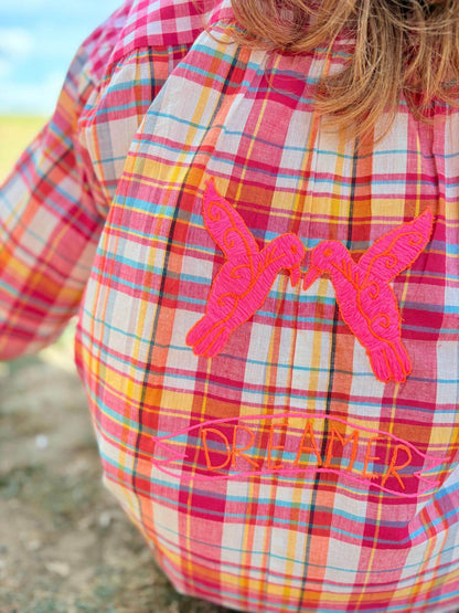 Dos chemise à carreaux avec broderie oiseau et Dreamer